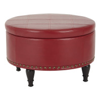 OSP Home Furnishings SB316-PD22 Round Storage Ottoman in Faux Cranberry Leather with Antique Bronze Nailheads and Espresso Legs